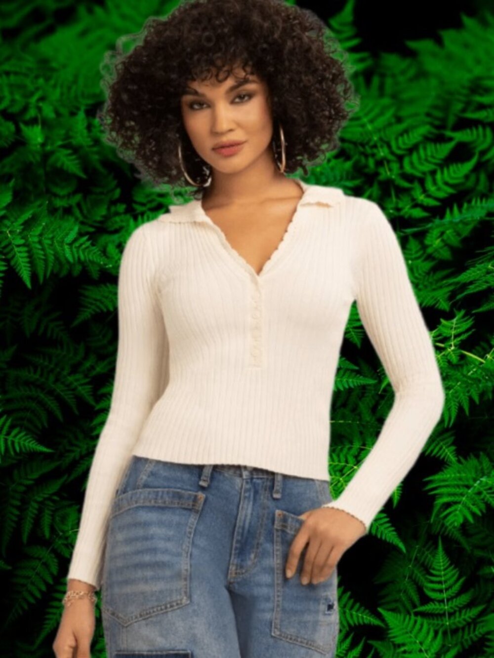 Jessica Simpson Women's Luanne Polo Sweater with Long Sleeves Ivory Size L